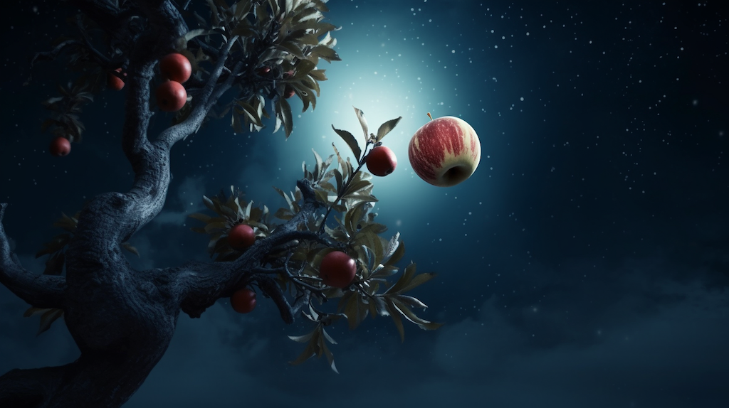 picture of an apple falling from a tree, the moon directly behind it